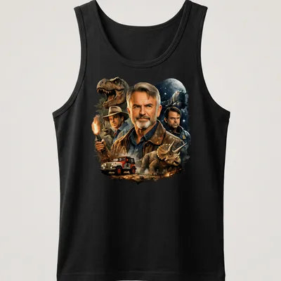 Illustration of Sam Neill with dinosaurs and vehicles in earthy tones. — printed on a tank top