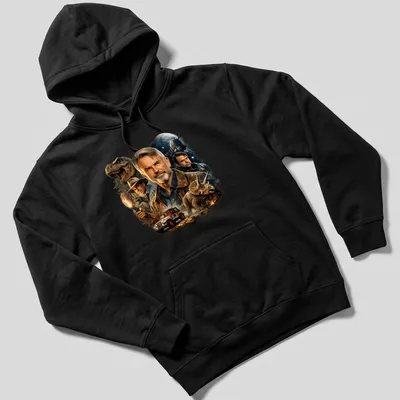 Illustration of Sam Neill with dinosaurs and vehicles in earthy tones. — printed on a unisex hoodie
