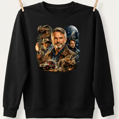 Illustration of Sam Neill with dinosaurs and vehicles in earthy tones. — printed on a unisex sweatshirt