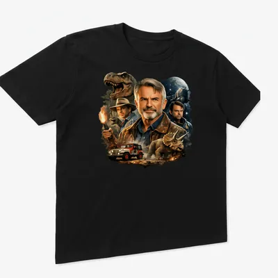 Illustration of Sam Neill with dinosaurs and vehicles in earthy tones. — printed on a unisex t-shirt (angled view)