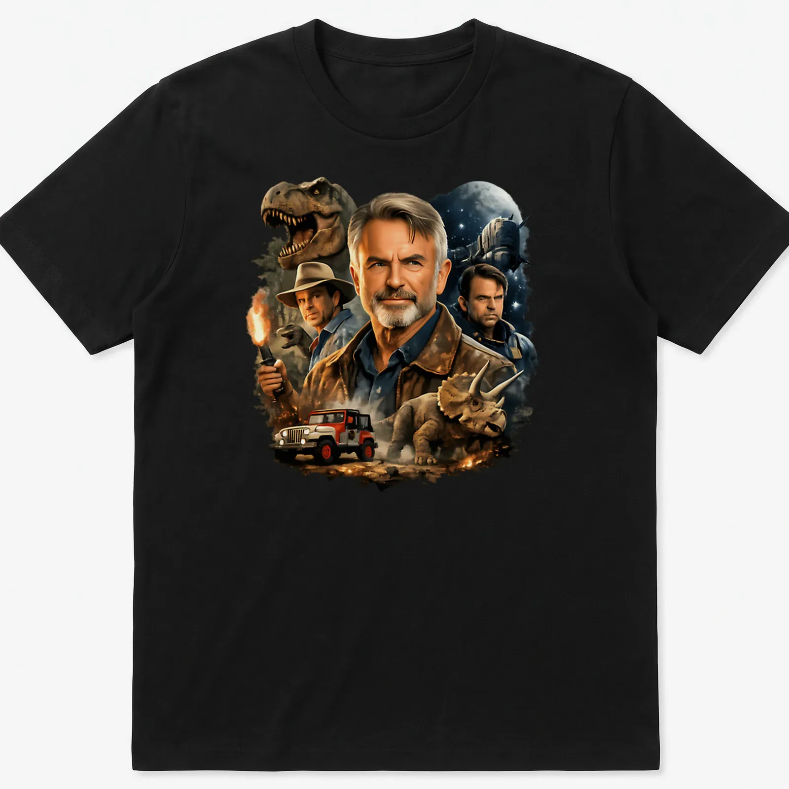 Illustration of Sam Neill with dinosaurs and vehicles in earthy tones. — printed on a unisex t-shirt