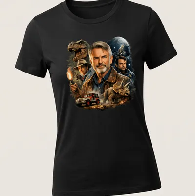 Illustration of Sam Neill with dinosaurs and vehicles in earthy tones. — printed on a women's shirt