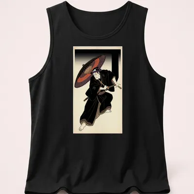 Ukiyo-e style Kabuki Samurai with a red umbrella in a colorful illustration — printed on a tank top