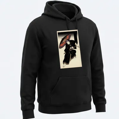 Ukiyo-e style Kabuki Samurai with a red umbrella in a colorful illustration — printed on a unisex hoodie
