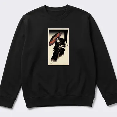 Ukiyo-e style Kabuki Samurai with a red umbrella in a colorful illustration — printed on a unisex sweatshirt