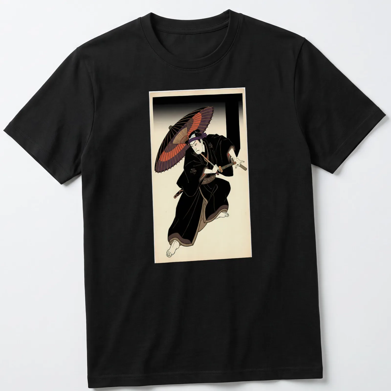Ukiyo-e style Kabuki Samurai with a red umbrella in a colorful illustration — printed on a unisex t-shirt