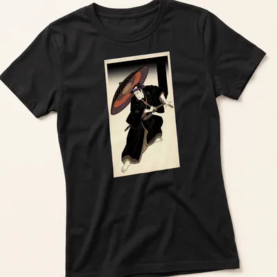 Ukiyo-e style Kabuki Samurai with a red umbrella in a colorful illustration — printed on a women's shirt