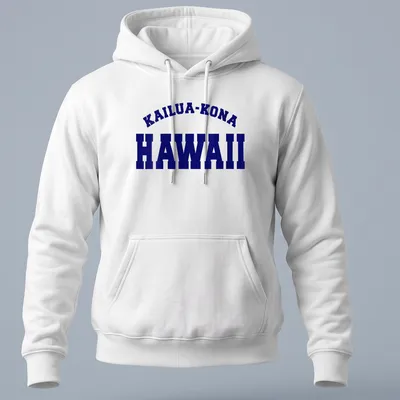 Bold collegiate design featuring Kailua-Kona Hawaii in navy and white. — printed on a unisex hoodie