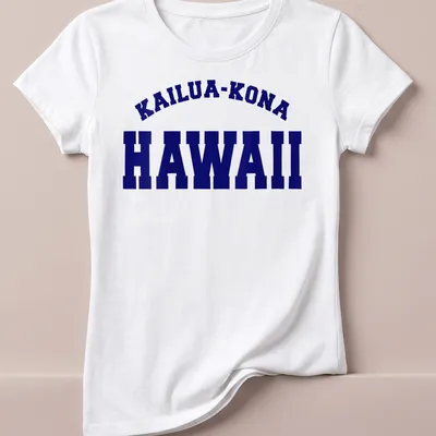 Bold collegiate design featuring Kailua-Kona Hawaii in navy and white. — printed on a women's shirt