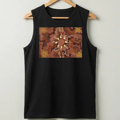 Aboriginal art print featuring a kangaroo and nature elements in earthy tones — printed on a tank top