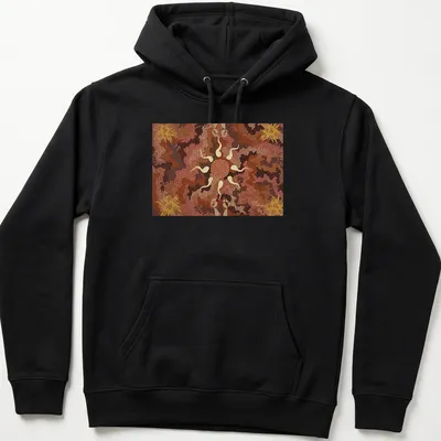 Aboriginal art print featuring a kangaroo and nature elements in earthy tones — printed on a unisex hoodie