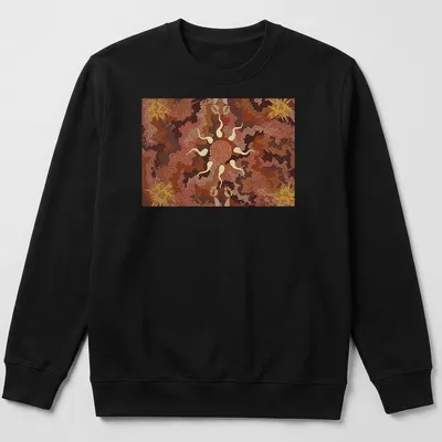 Aboriginal art print featuring a kangaroo and nature elements in earthy tones — printed on a unisex sweatshirt