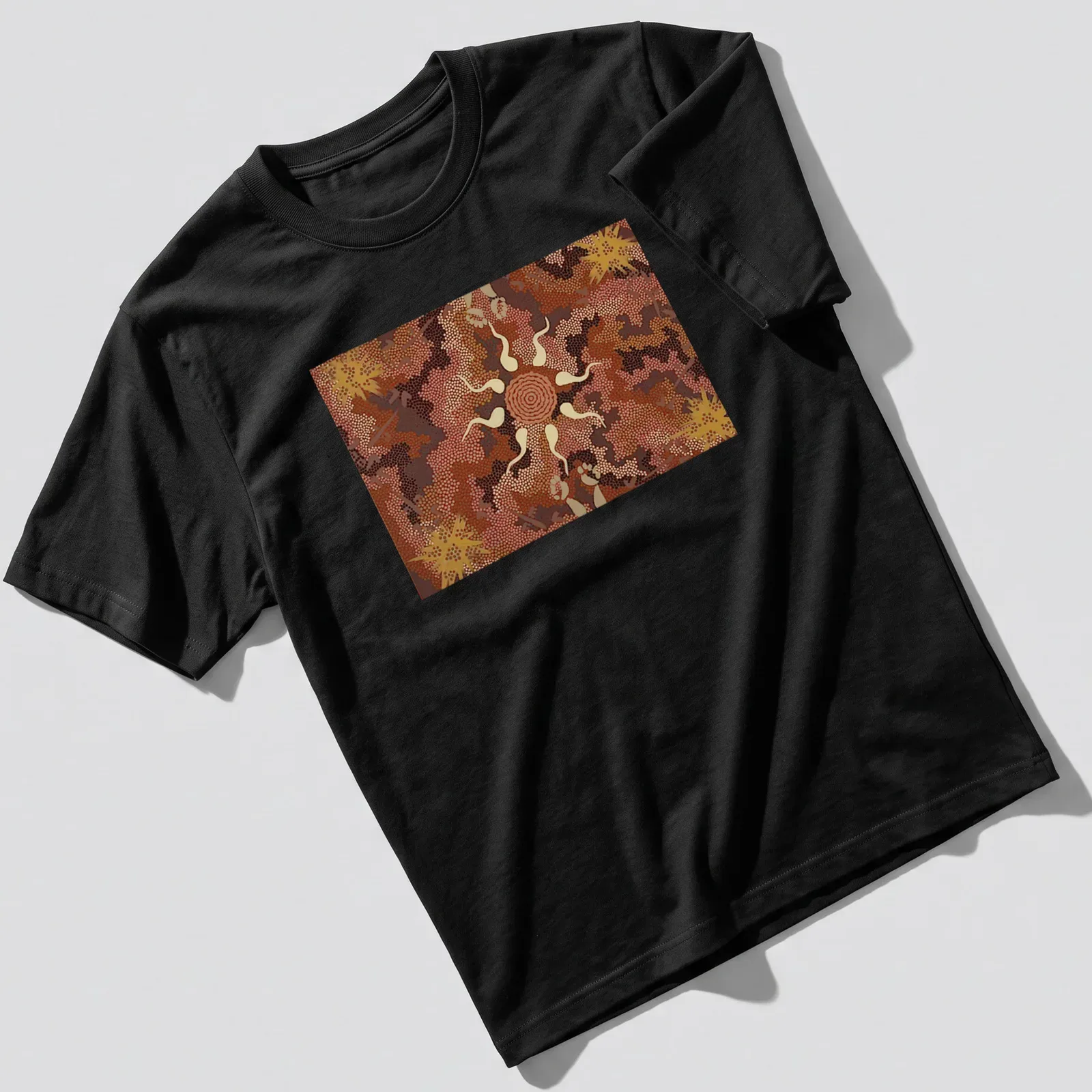 Aboriginal art print featuring a kangaroo and nature elements in earthy tones — printed on a unisex t-shirt