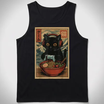 Kawaii black cat with headset and ramen graphic in retro Japanese style — printed on a tank top