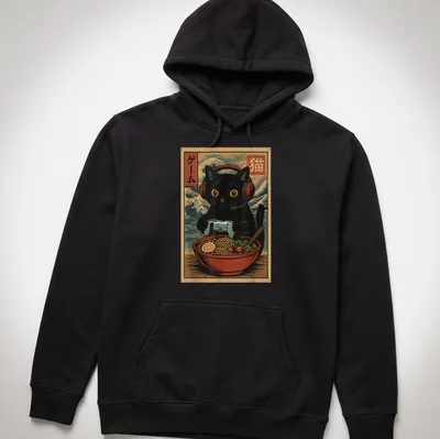 Kawaii black cat with headset and ramen graphic in retro Japanese style — printed on a unisex hoodie