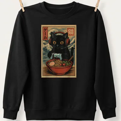 Kawaii black cat with headset and ramen graphic in retro Japanese style — printed on a unisex sweatshirt