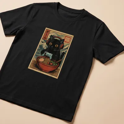 Kawaii black cat with headset and ramen graphic in retro Japanese style