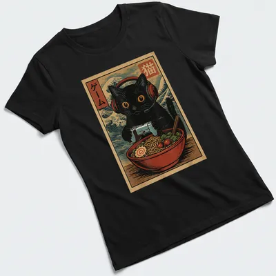 Kawaii black cat with headset and ramen graphic in retro Japanese style — printed on a women's shirt