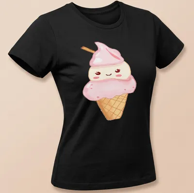 Kawaii ice cream t-shirt with a cute face and pastel colors — printed on a women's shirt