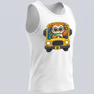 Cute cartoon owl driving a colorful school bus in kawaii style — printed on a tank top