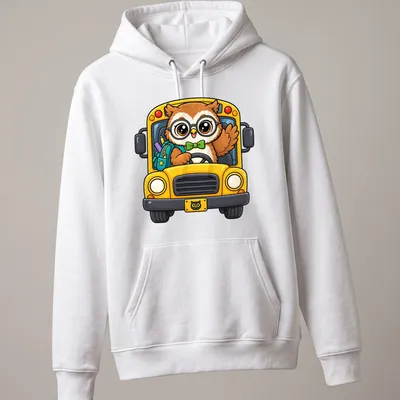 Cute cartoon owl driving a colorful school bus in kawaii style — printed on a unisex hoodie