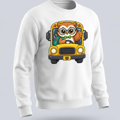 Cute cartoon owl driving a colorful school bus in kawaii style — printed on a unisex sweatshirt