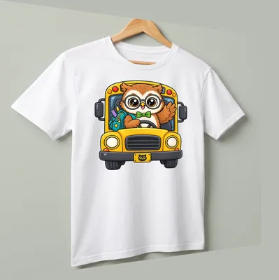 Cute cartoon owl driving a colorful school bus in kawaii style — printed on a unisex t-shirt (angled view)