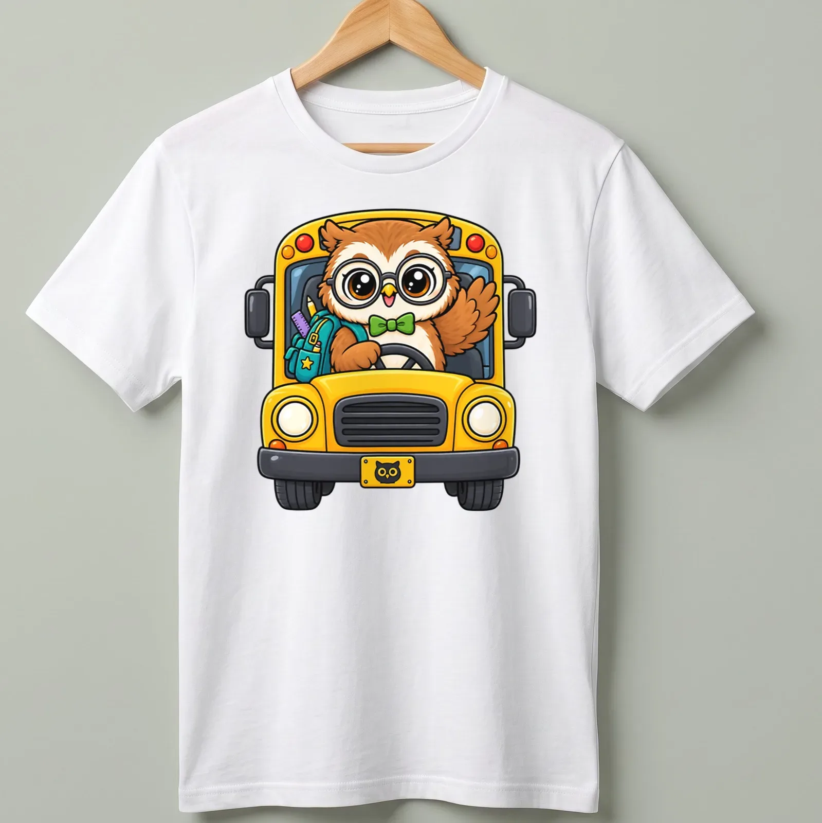 Cute cartoon owl driving a colorful school bus in kawaii style — printed on a unisex t-shirt