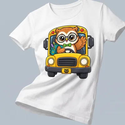 Cute cartoon owl driving a colorful school bus in kawaii style — printed on a women's shirt