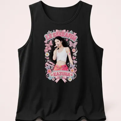 Colorful illustration of Kazuha in a pink skirt surrounded by butterflies — printed on a tank top