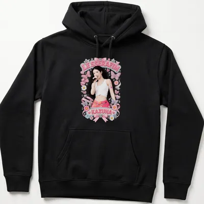 Colorful illustration of Kazuha in a pink skirt surrounded by butterflies — printed on a unisex hoodie