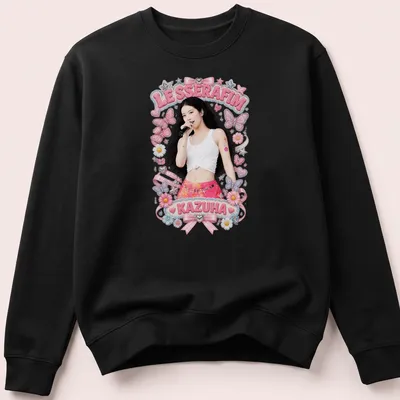 Colorful illustration of Kazuha in a pink skirt surrounded by butterflies — printed on a unisex sweatshirt