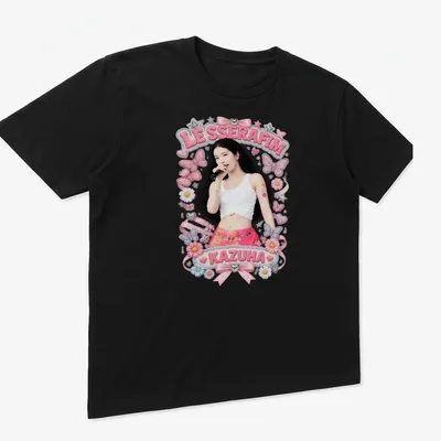 Colorful illustration of Kazuha in a pink skirt surrounded by butterflies — printed on a unisex t-shirt (angled view)