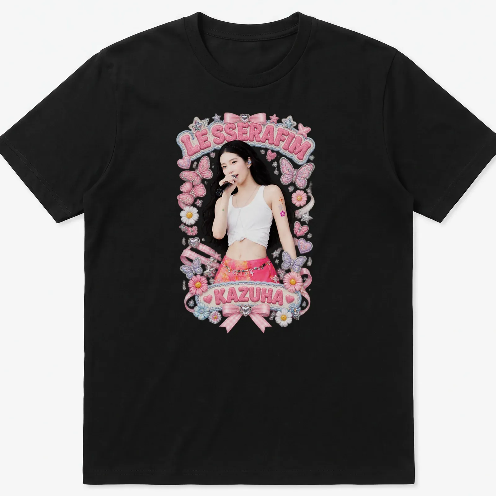 Colorful illustration of Kazuha in a pink skirt surrounded by butterflies — printed on a unisex t-shirt