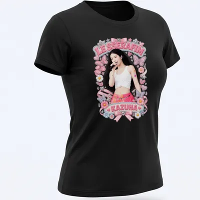 Colorful illustration of Kazuha in a pink skirt surrounded by butterflies — printed on a women's shirt