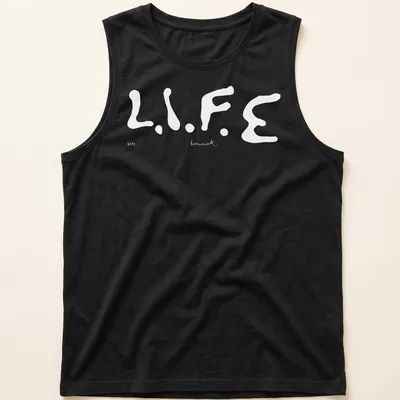 Bold typography t-shirt featuring 'Keinemusik Merch' text — printed on a tank top
