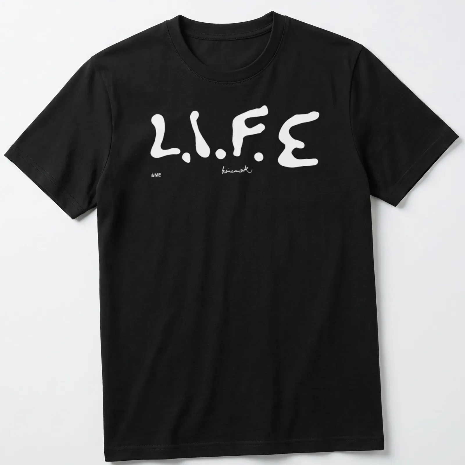 Bold typography t-shirt featuring 'Keinemusik Merch' text — printed on a unisex t-shirt