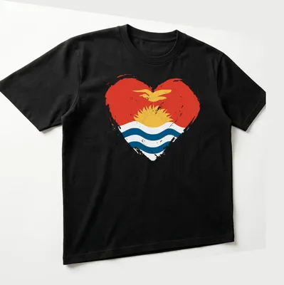 Distressed heart design featuring the Kiribati flag in red, yellow, and blue. — printed on a unisex t-shirt (angled view)