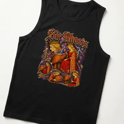 Vintage illustration of a knight with a crown and bear alongside the text 'Sir Rhosis' — printed on a tank top