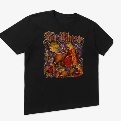 Vintage illustration of a knight with a crown and bear alongside the text 'Sir Rhosis' — printed on a unisex t-shirt (angled view)