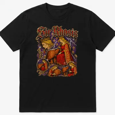 Vintage illustration of a knight with a crown and bear alongside the text 'Sir Rhosis'