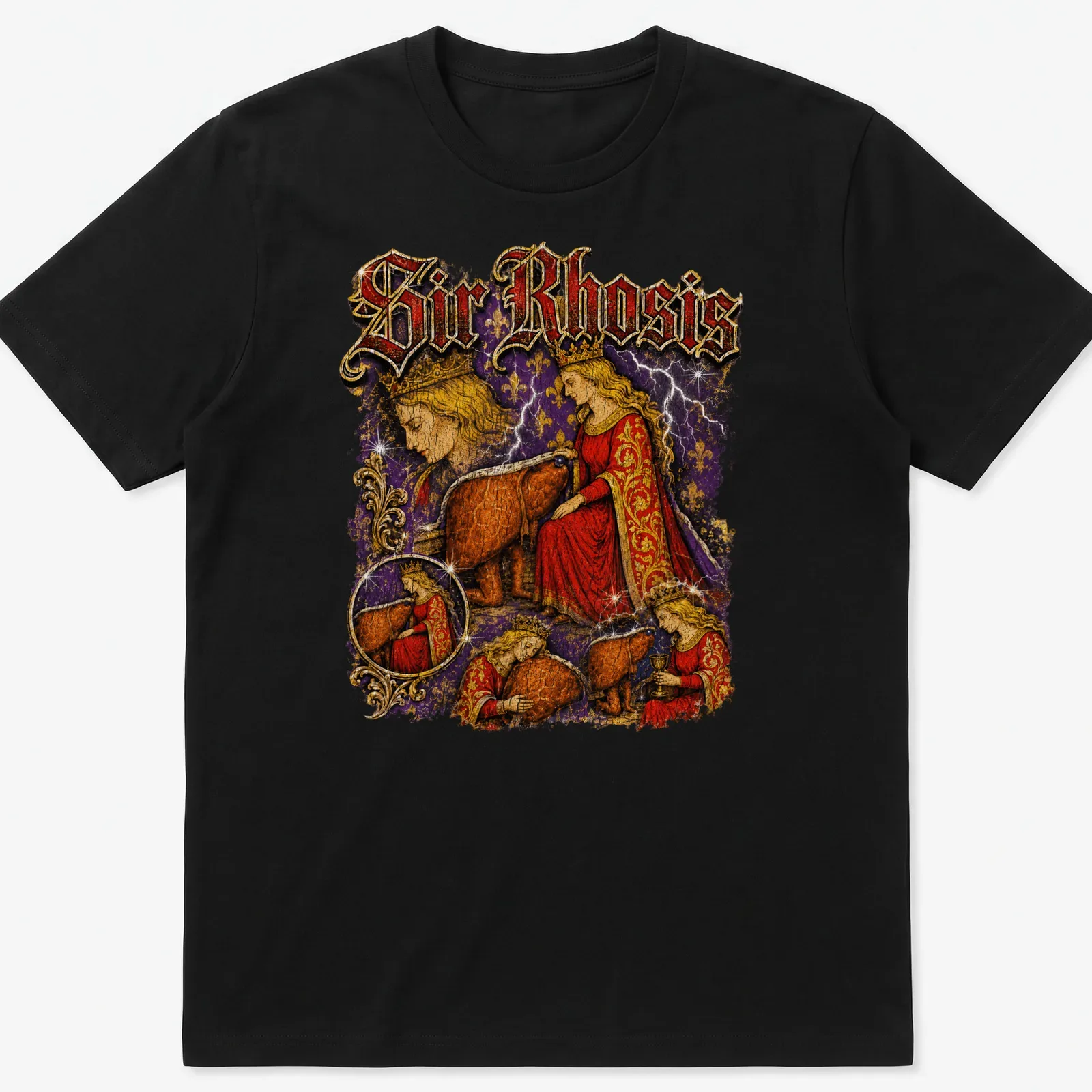 Vintage illustration of a knight with a crown and bear alongside the text 'Sir Rhosis' — printed on a unisex t-shirt