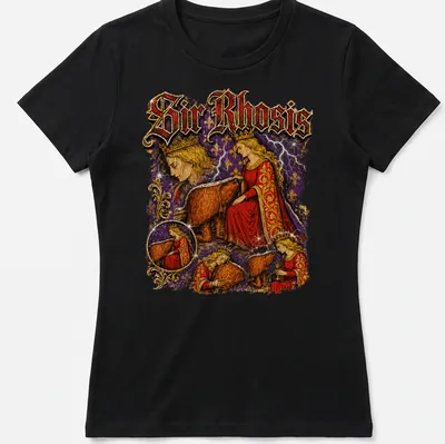 Vintage illustration of a knight with a crown and bear alongside the text 'Sir Rhosis' — printed on a women's shirt