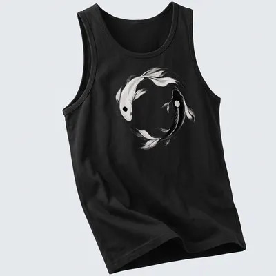 Ink wash illustration of koi fish in yin yang formation in black and white — printed on a tank top