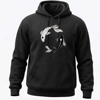 Ink wash illustration of koi fish in yin yang formation in black and white — printed on a unisex hoodie