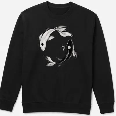 Ink wash illustration of koi fish in yin yang formation in black and white — printed on a unisex sweatshirt