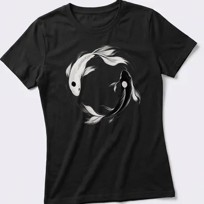 Ink wash illustration of koi fish in yin yang formation in black and white — printed on a women's shirt
