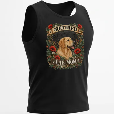 Vintage floral t-shirt with the text RETIRED PROMOTED TO STAY AT HOME LAB MOM and a yellow Labrador illustration — printed on a tank top