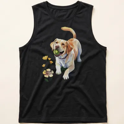 Colorful illustration of a smiling Labrador dog surrounded by flowers and text — printed on a tank top