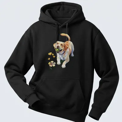 Colorful illustration of a smiling Labrador dog surrounded by flowers and text — printed on a unisex hoodie